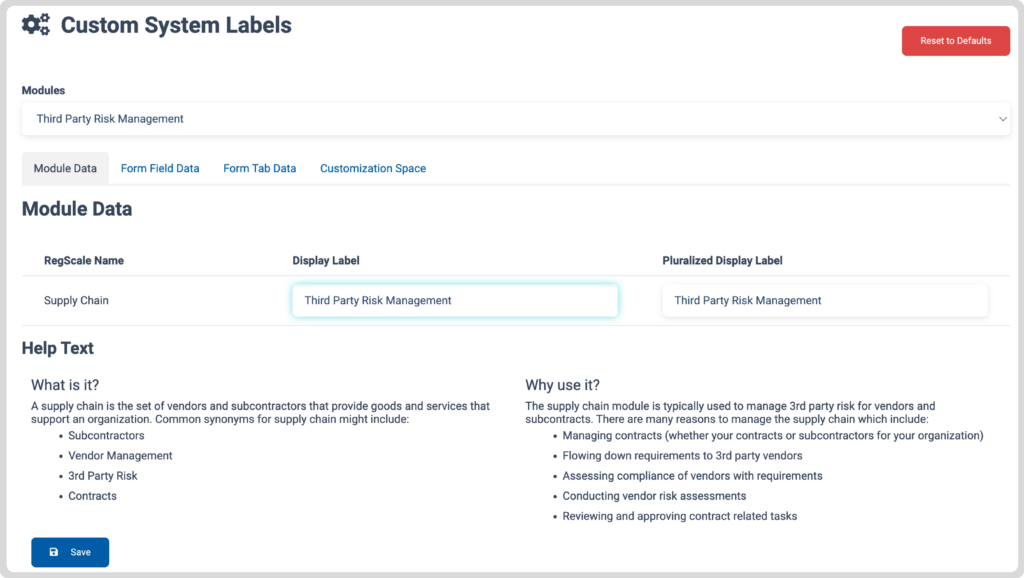 Custom System Labels – Supply Chain to Third Party Risk Management
