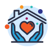 Icon of a house roof over a heart held up by hands.