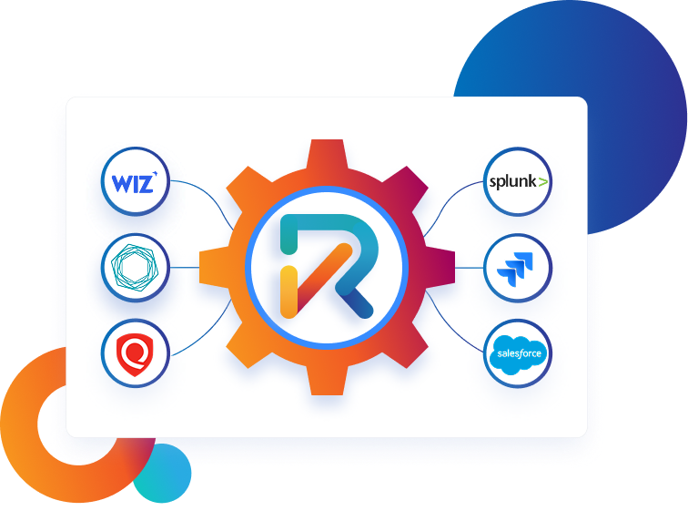 RegScale automation illustration A central gear with a colorful logo surrounded by icons of WIZ, Splunk, Salesforce, and other platforms, illustrating integration.