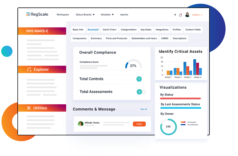 RegScale dashboard displaying compliance scores, assessment totals, and visualizations for critical asset monitoring and comments section.