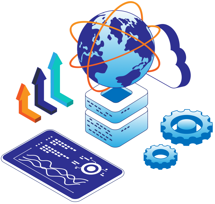 A globe, a computer, and another computer displaying a graph, illustrating global data analysis and technology.