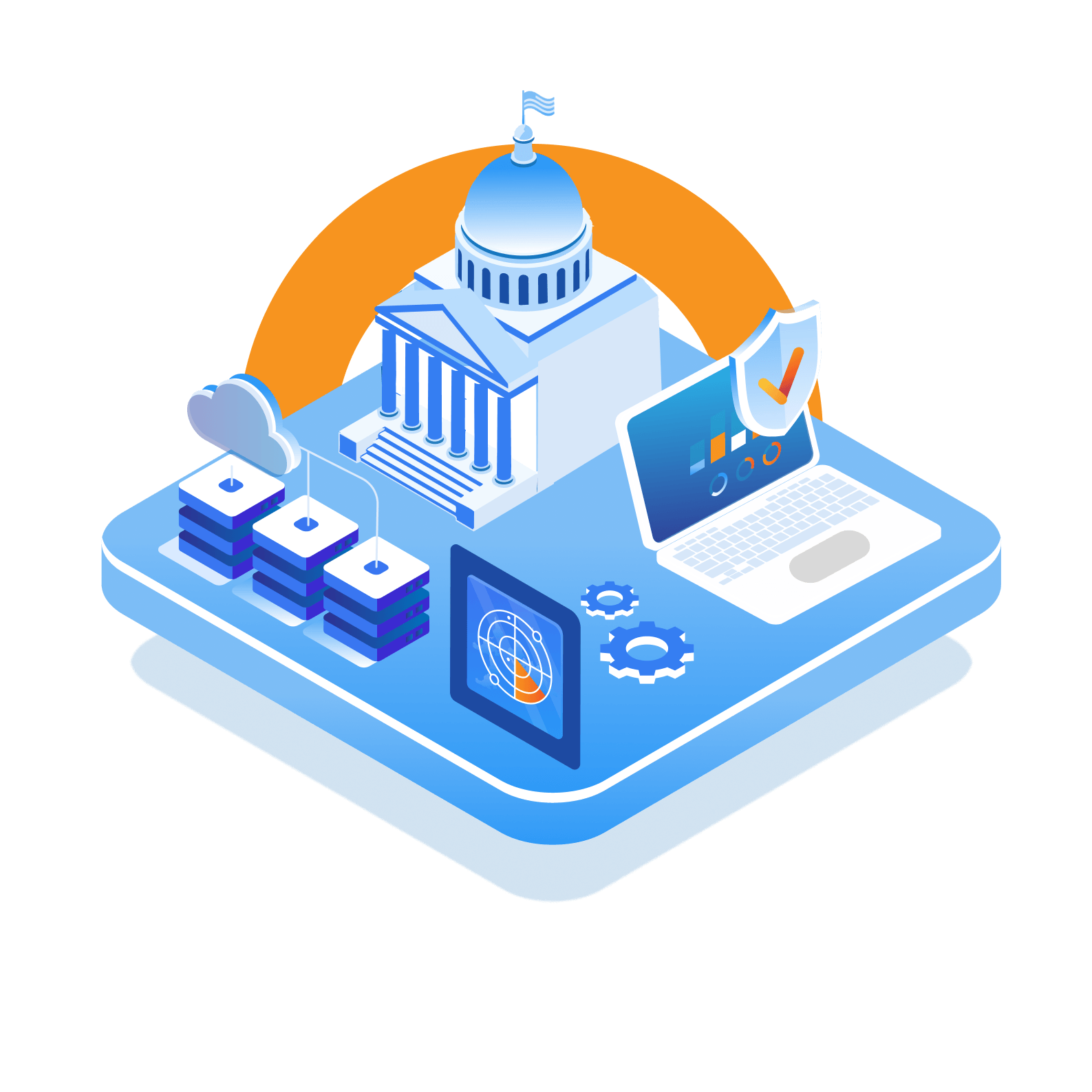 Isometric illustration of government building with laptop and server